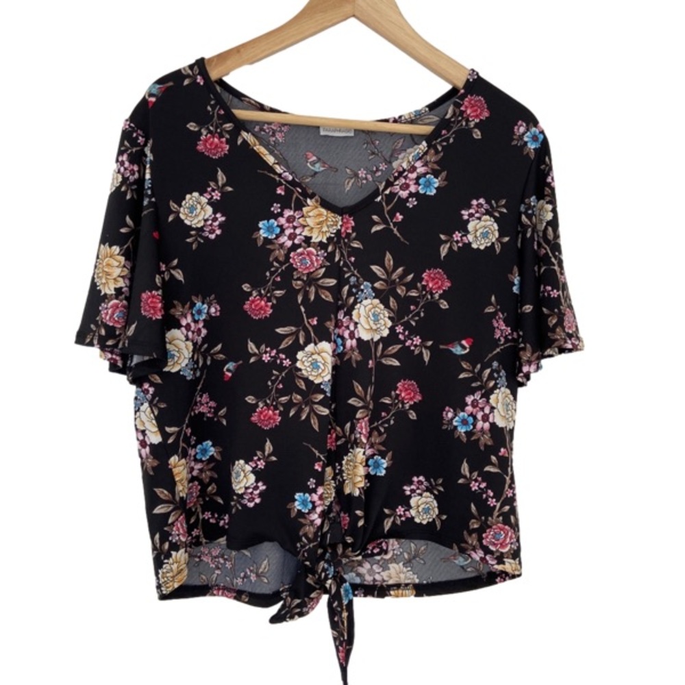 PARAPHRASE BLACK/MULTI COLOURED TOP/BLOUSE W/FLUTTER SLEEVES & WAIST TIE, LARGE